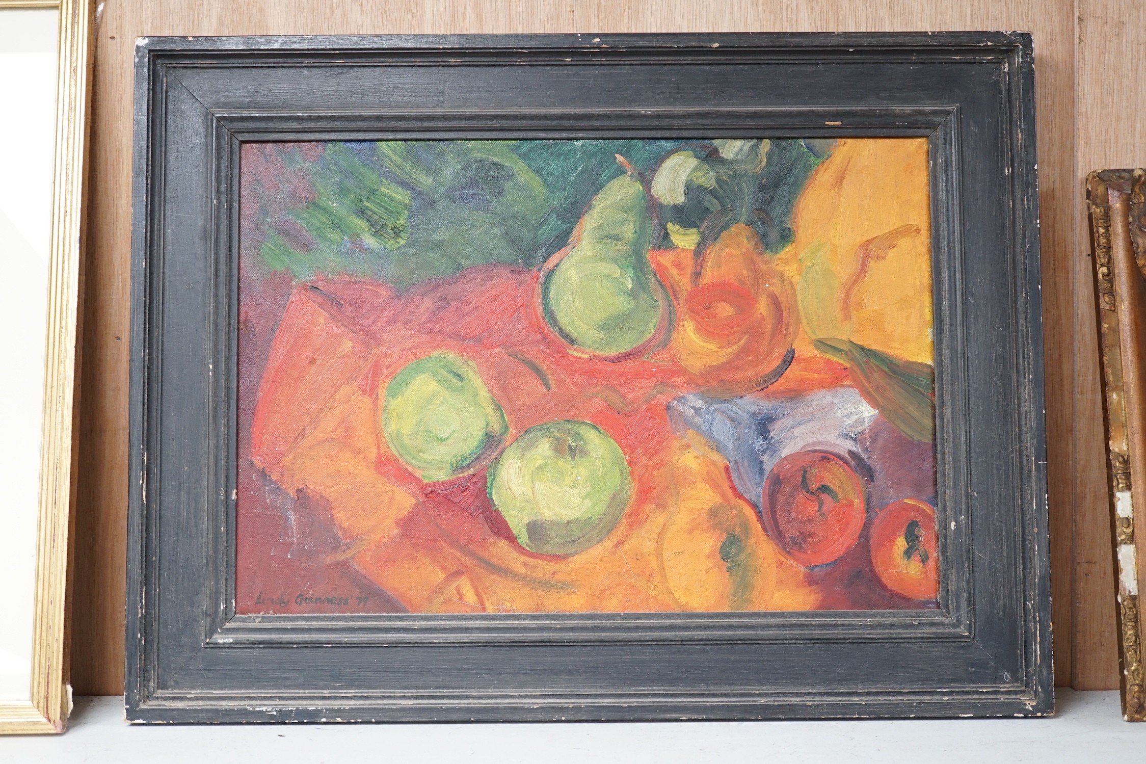 Lindy Guinness, Marchioness of Dufferin and Ava (Irish, b.1941), oil on canvas, Still life of fruit, signed and dated '79, 27 x 40cm